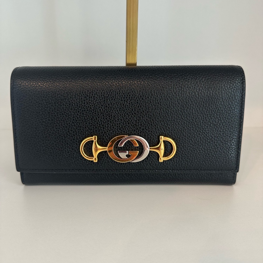 Gucci Zumi Horsebit Black pebbled Leather Long Wallet